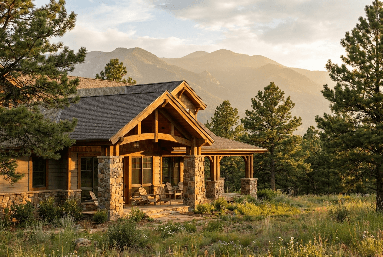 A craftsman home in the Colorado foothills at golden hour